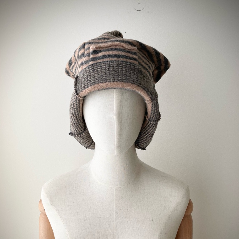 joodito origami crown wool sweater hat bucket beanie cap cloche striped gray tan - Picture 6 of 13